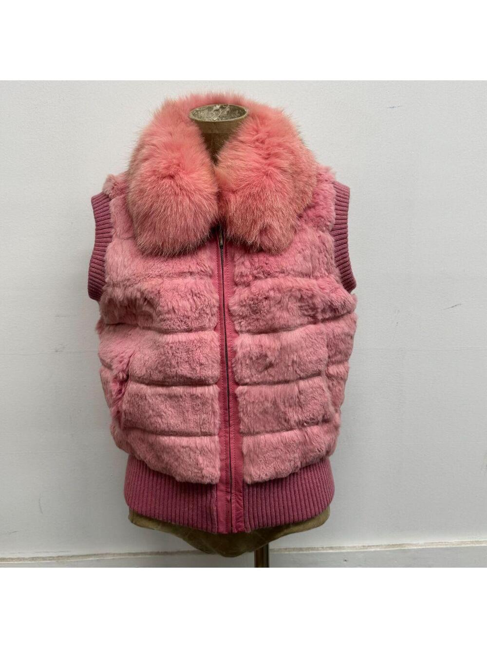 Vintage Y2K Bubblegum Pink Real Rabbit & Fox Fur Knit-Trimmed Zip Vest